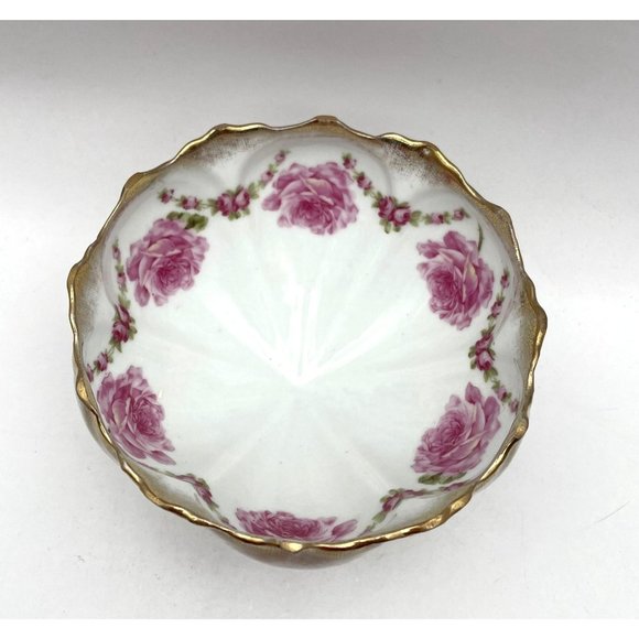 Antique Bridal Rose 3 Legged Center Bowl Gold Accents - Picture 2 of 6